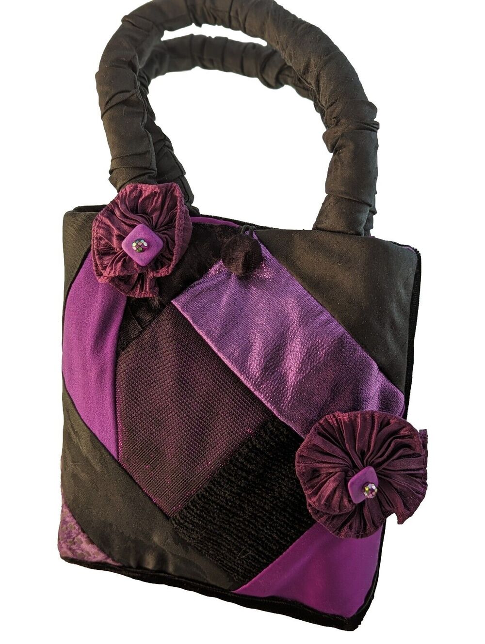 Designer evening bag crazy Quilted Purples.Holds Phone 6"X5.5" X1" Button + Loop